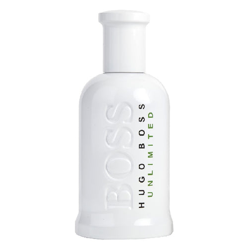 Hugo Boss Unlimited white perfume bottle on a white background