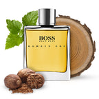 BOSS Number One perfume bottle with natural elements on a white background