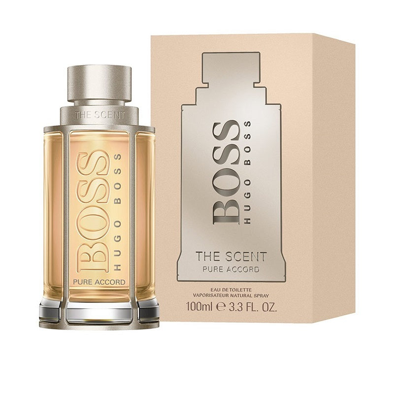 A product image featuring a 100ml bottle of 'Boss The scent Pure Accord' eau de toilette by Hugo Boss, with its packaging box.