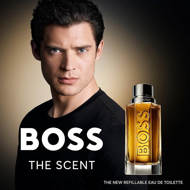 Man wearing a black shirt with 'BOSS' text, next to a BOSS cologne bottle on a gradient background.