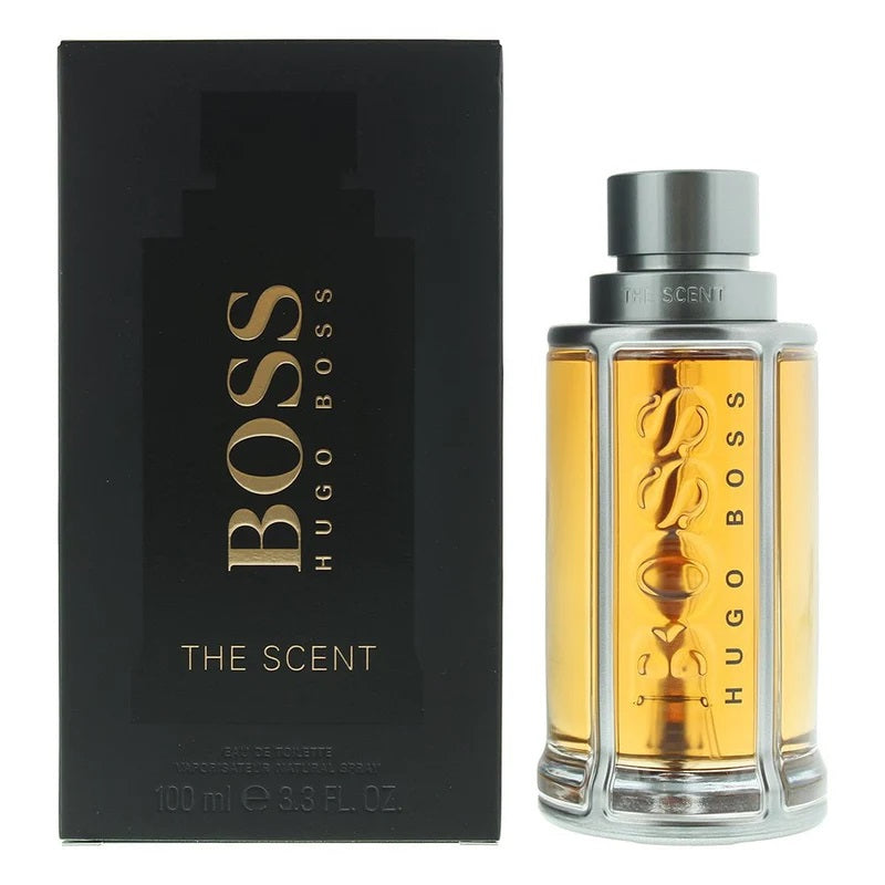 Hugo Boss The Scent perfume bottle and packaging on a white background