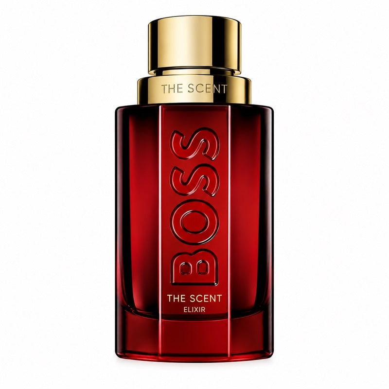Hugo Boss The Scent Elixir for Him 50ml Parfum Intense deep-red lacquered glass bottle with faceted contours, bold BOSS lettering and satin warm-gold cap on a clean white background.