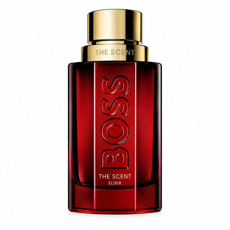 Hugo Boss The Scent Elixir for Him 100ml Parfum Intense deep-red lacquered glass bottle with faceted contours, bold BOSS lettering and satin warm-gold cap on a clean white background.