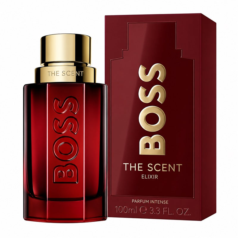Hugo Boss The Scent Elixir for Him 100ml Parfum Intense deep-red bottle beside its matching burgundy presentation carton with metallic-gold BOSS branding on a clean white background.
