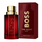 Hugo Boss The Scent Elixir for Him 100ml Parfum Intense deep-red bottle beside its matching burgundy presentation carton with metallic-gold BOSS branding on a clean white background.