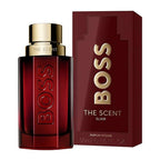 Hugo Boss The Scent Elixir for Him 50ml Parfum Intense deep-red bottle beside its matching burgundy presentation carton with metallic-gold BOSS branding on a clean white background.