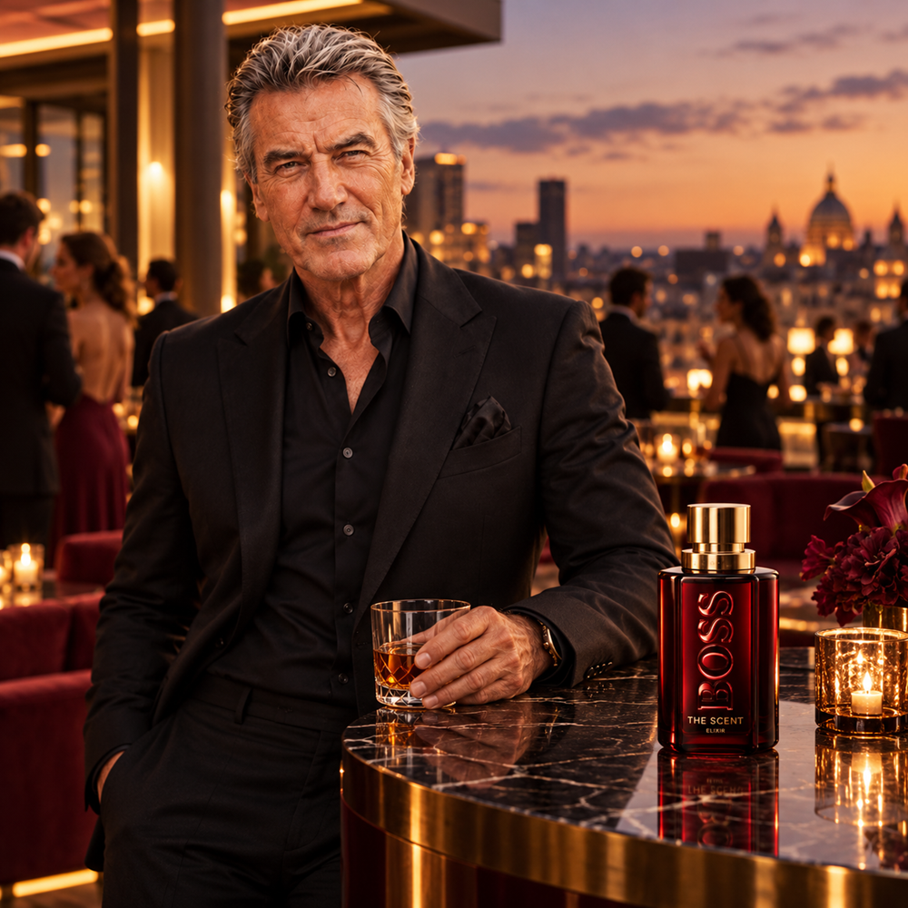 A distinguished man in a beautifully tailored midnight-black suit at an rooftop cocktail reception, surrounded by architectural lighting, deep burgundy furnishings and warm golden reflections, with the BOSS The Scent Elixir bottle prominently displayed.