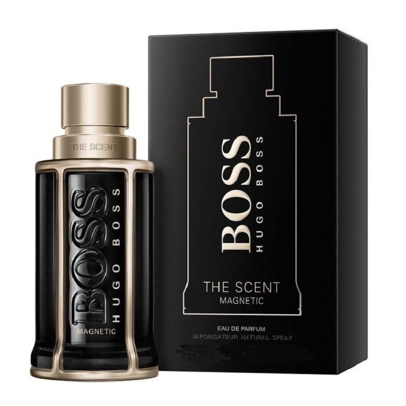 Hugo Boss The Scent Magnetic perfume bottle and packaging on a white background