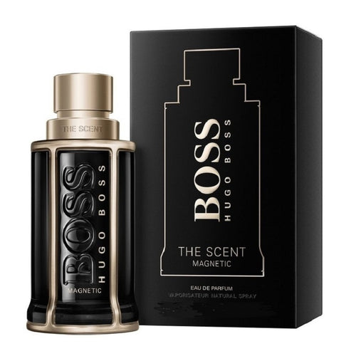 Hugo Boss The Scent Magnetic perfume bottle and packaging on a white background