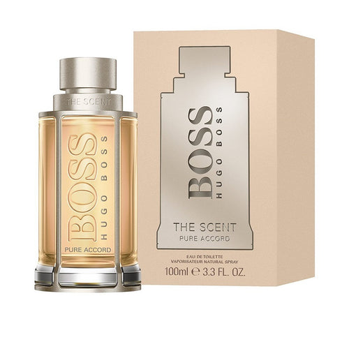 A product image featuring a 100ml bottle of 'Boss The scent Pure Accord' eau de toilette by Hugo Boss, with its packaging box.