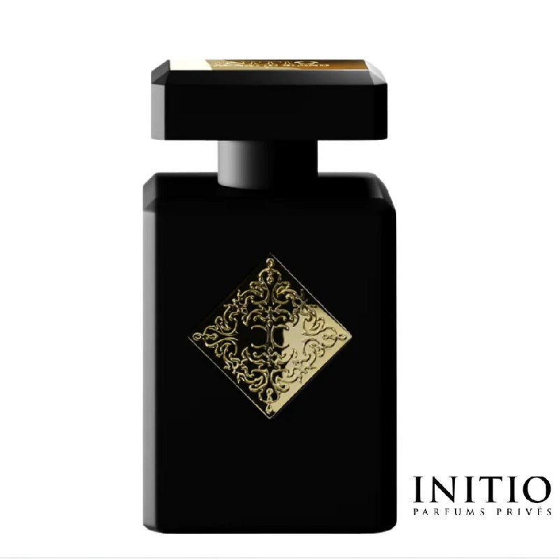 A black bottle of Initio Eau de Parfum with gold decorative elements and the brand logo on the front.