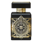 A black bottle of 'Oud for Greatness' Eau de Parfum by Initio Parfums with gold and white label design featuring geometric patterns and an eye symbol.