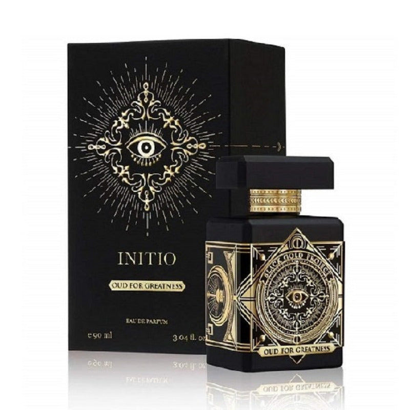 Initio Oud for Greatness 90ml Eau de Parfum bottle and presentation box displayed on a clean white background.