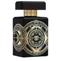 A black bottle of Initio Eau de Parfum with ornate gold and green designs and text on the label.