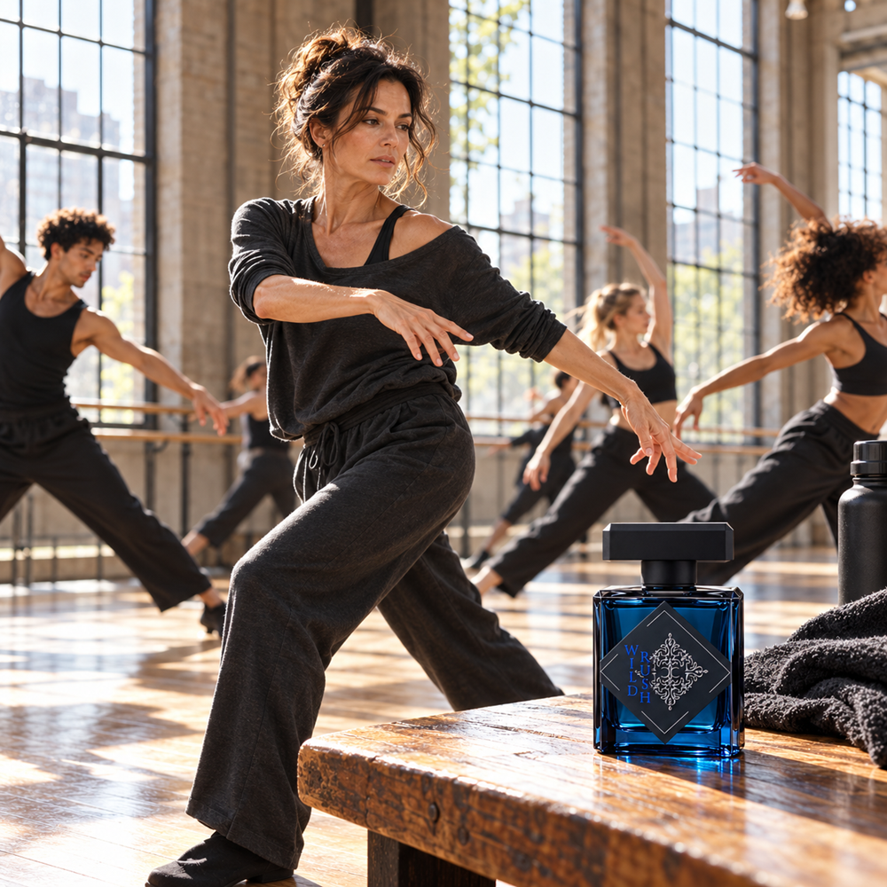 A blue Wild Rush bottle rests on a wooden bench in a bright dance studio with dancers rehearsing behind it.