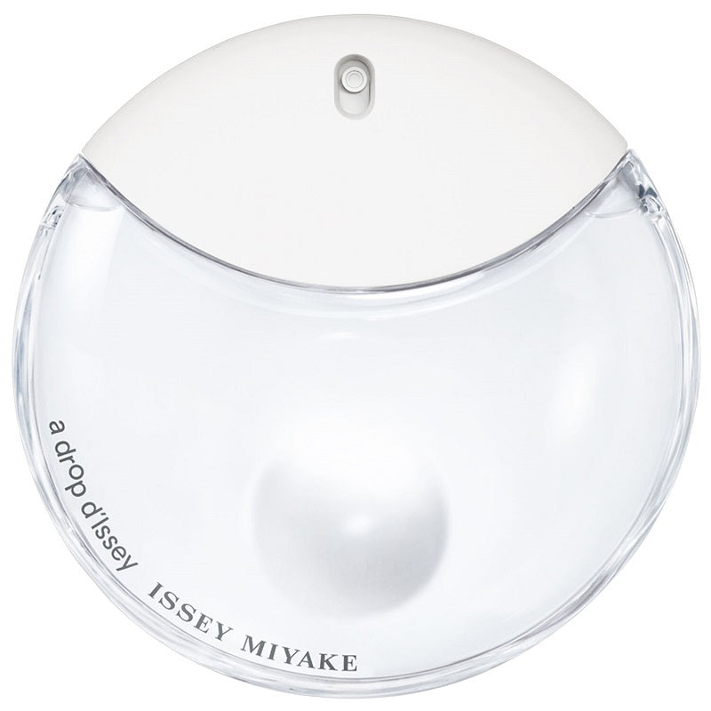 A white, round perfume bottle with a clear lower section, displaying the product name 'A Drop d'Issey' and the brand name 'Issey Miyake'.