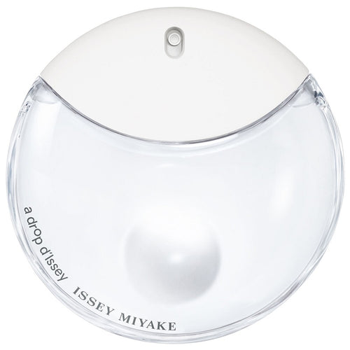 A white, round perfume bottle with a clear lower section, displaying the product name 'A Drop d'Issey' and the brand name 'Issey Miyake'.