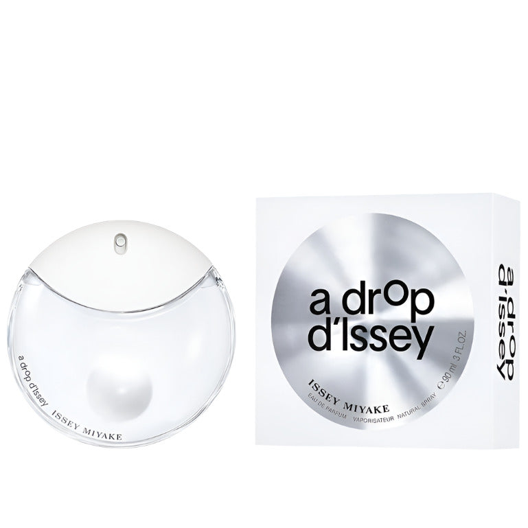 A photograph of Issey Miyake's 'A Drop d'Issey' perfume bottle and packaging, featuring a clear round bottle with a simple design and a white card with the product name.