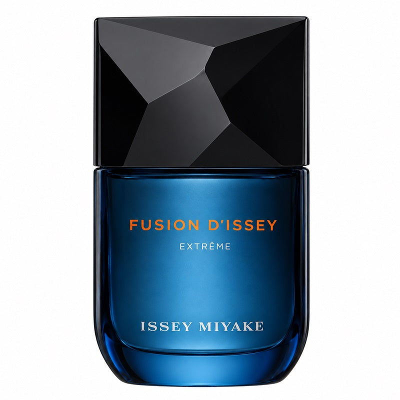 Issey Miyake Fusion d'Issey Extrême 50ml blue glass bottle with faceted black cap and orange lettering on white.