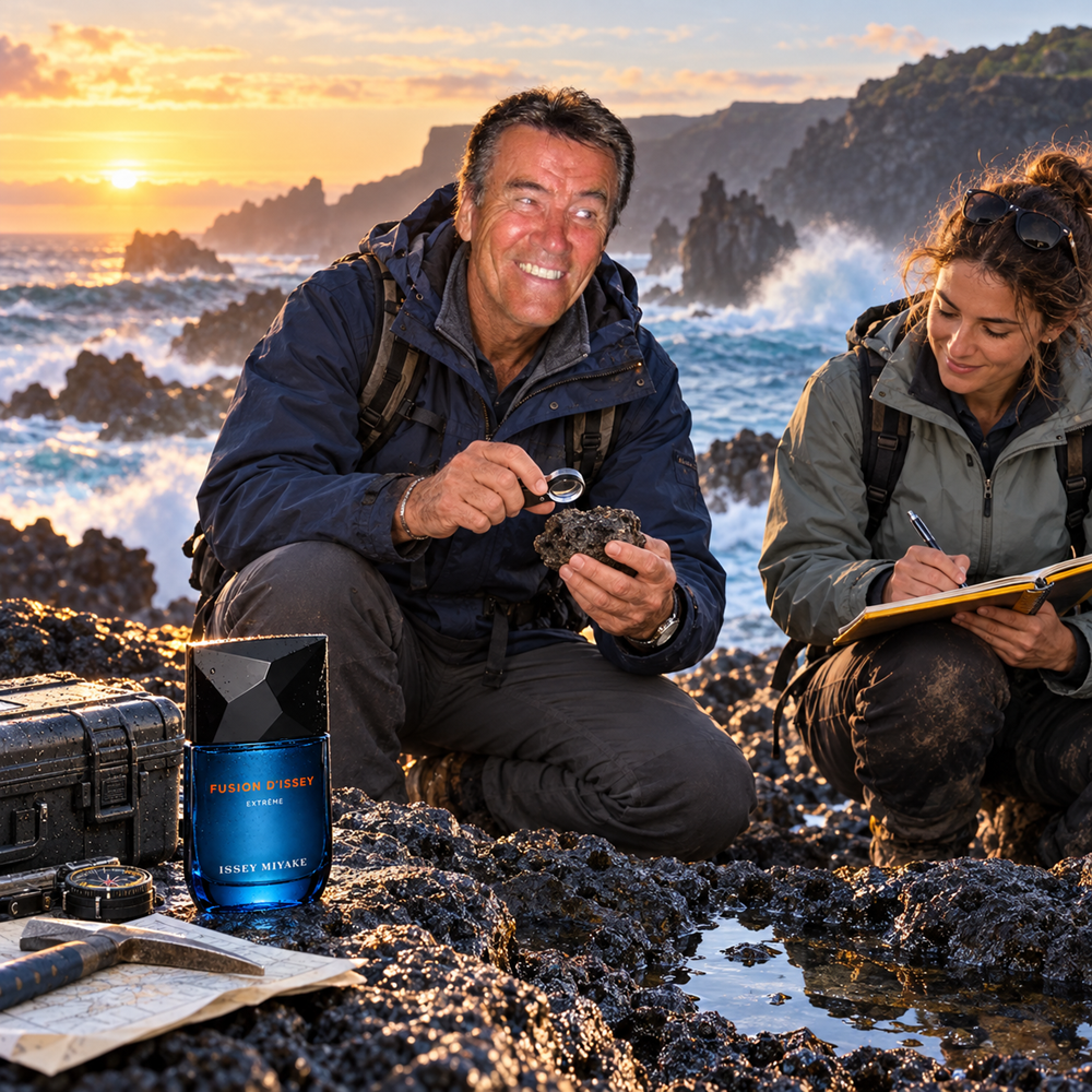 Issey Miyake Fusion d'Issey Extrême 50ml bottle beside two geologists examining volcanic basalt on the Atlantic coast at sunrise.