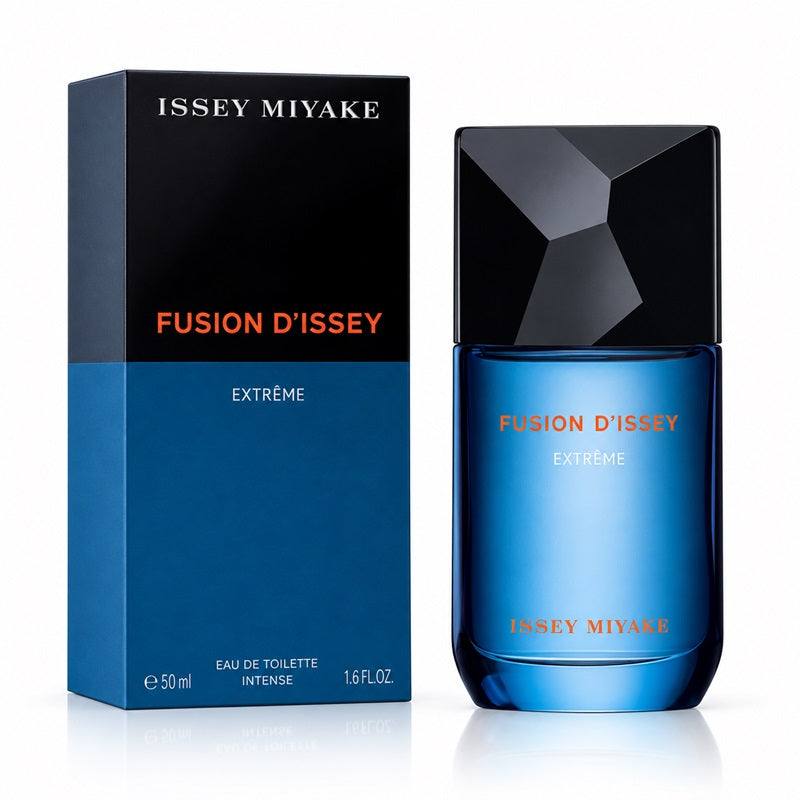 Issey Miyake Fusion d'Issey Extrême 50ml bottle beside its black and cobalt-blue Eau de Toilette Intense carton on white.