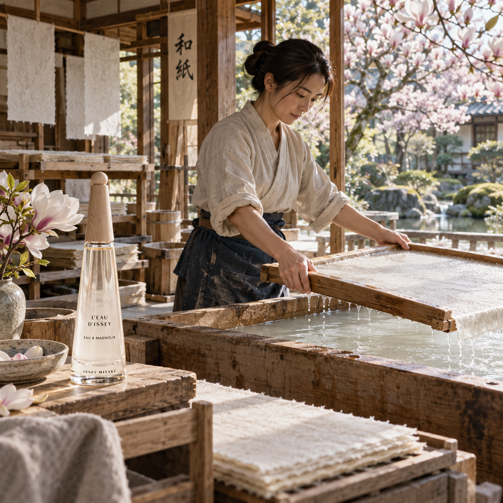 A woman makes washi paper in a Japanese workshop beside a bottle of L'Eau d'Issey Eau & Magnolia and magnolia blossoms.