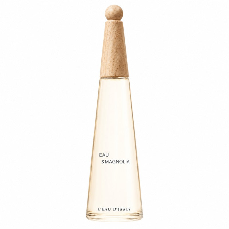 A clear conical bottle of L'Eau d'Issey Eau & Magnolia by Issey Miyake with a light wooden cap on a white background.