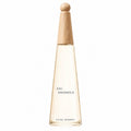 A clear conical bottle of L'Eau d'Issey Eau & Magnolia by Issey Miyake with a light wooden cap on a white background.