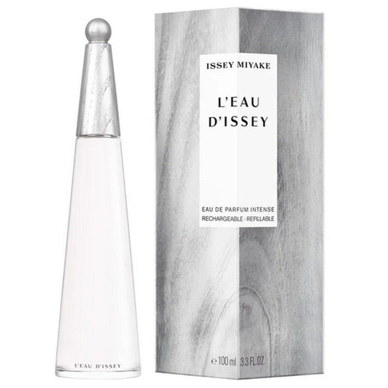 Issey Miyake L’Eau d’Issey Eau de Parfum Intense 100ml bottle beside its matching silver wood-grain presentation box, with clear product branding on a clean white background