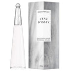 Issey Miyake L’Eau d’Issey Eau de Parfum Intense 100ml bottle beside its matching silver wood-grain presentation box, with clear product branding on a clean white background
