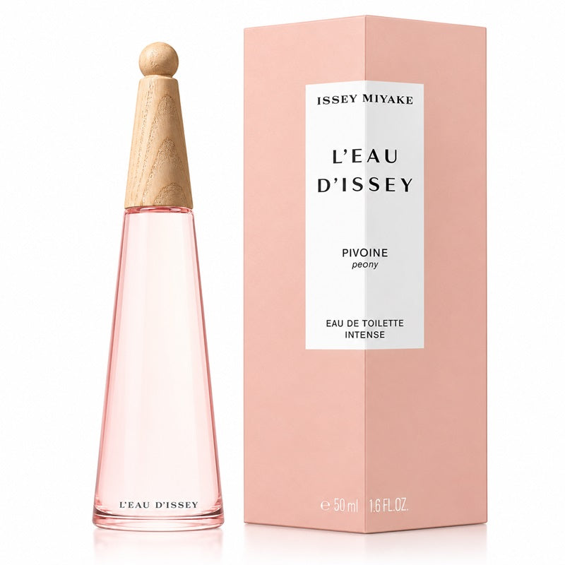 A pink L'Eau d'Issey Pivoine Intense bottle beside its pink box labelled Eau de Toilette Intense 50ml, on a white background.