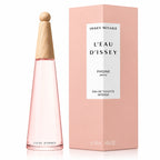 A pink L'Eau d'Issey Pivoine Intense bottle beside its pink box labelled Eau de Toilette Intense 50ml, on a white background.