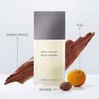 Issey Miyake Leau Dissey Pour Homme perfume bottle with sandalwood, yuzu, and nutmeg elements on a light gray background