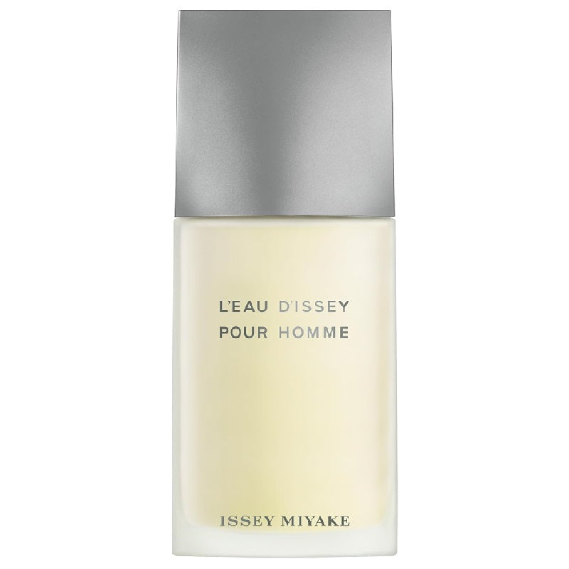 A rectangular bottle of L'Eau D'Issey Pour Homme by Issey Miyake with a clear liquid visible inside and a grey cap.