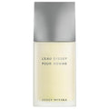 A rectangular bottle of L'Eau D'Issey Pour Homme by Issey Miyake with a clear liquid visible inside and a grey cap.