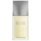 A rectangular bottle of L'Eau D'Issey Pour Homme by Issey Miyake with a clear liquid visible inside and a grey cap.