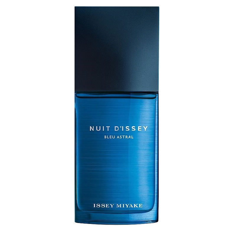 Blue perfume bottle with 'Issey Miyake' branding on a white background