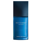 Blue perfume bottle with 'Issey Miyake' branding on a white background