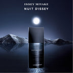 Issey Miyake Nuit d'Issey perfume bottle with mountain and moon background