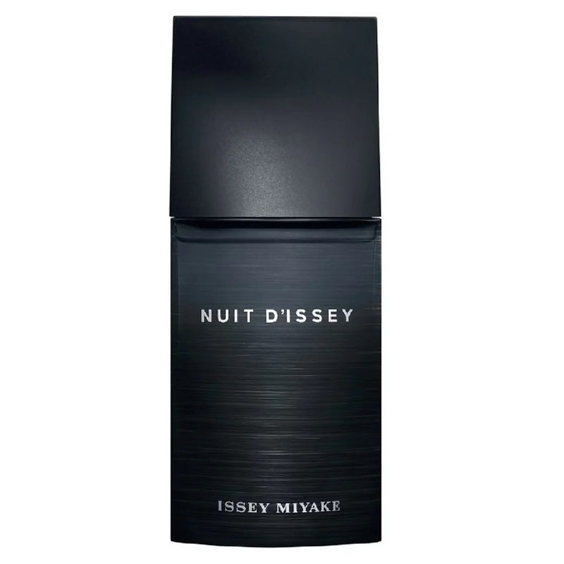 Black perfume bottle of Nuit D'Issey by Issey Miyake on a white background