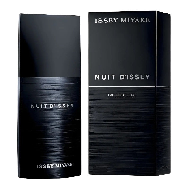 Issey Miyake Nuit D'Issey perfume bottle and packaging on a white background