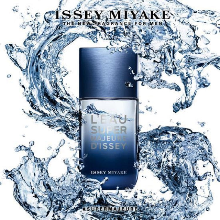 Issey Miyake Leau Super Majeure Dissey perfume bottle surrounded by water splashes on a white background
