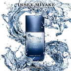Issey Miyake Leau Super Majeure Dissey perfume bottle surrounded by water splashes on a white background