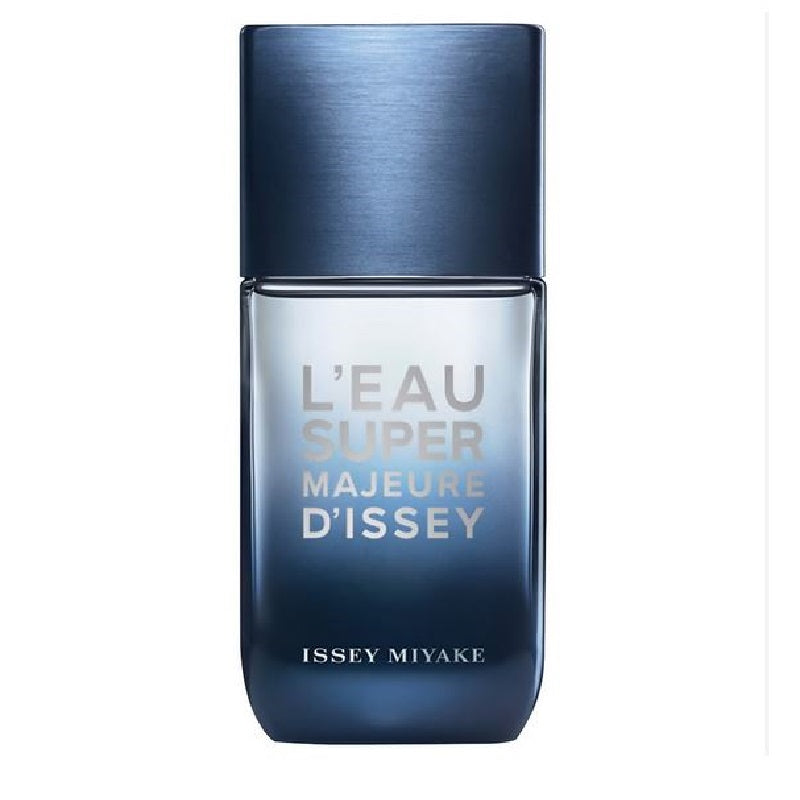 A blue glass bottle of 'L'EAU SUPER MAJEURE D'ISSEY' Eau de Toilette by Issey Miyake for men.