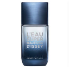 A blue glass bottle of 'L'EAU SUPER MAJEURE D'ISSEY' Eau de Toilette by Issey Miyake for men.