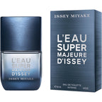 The product image shows a box and bottle of L'EAU SUPER MAJEURE D'ISSEY Intense Eau de Toilette by Issey Miyake. The box is blue with white text, and the bottle is clear with a blue label and cap.