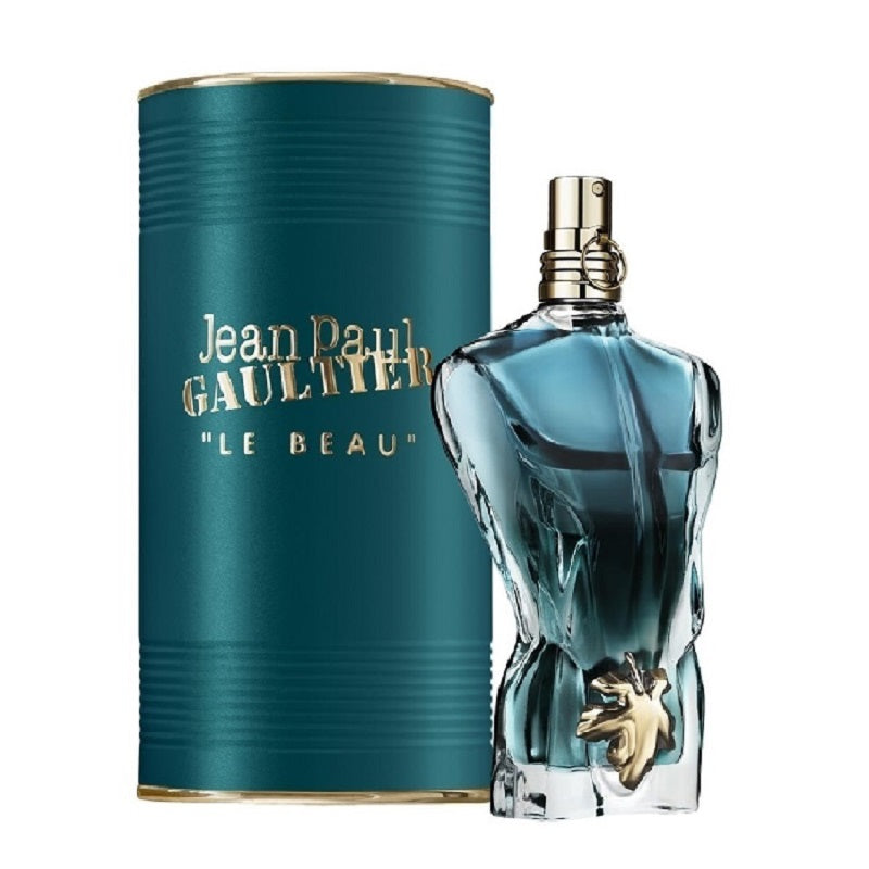 Jean Paul Gaultier Le Beau perfume bottle and packaging on a white background
