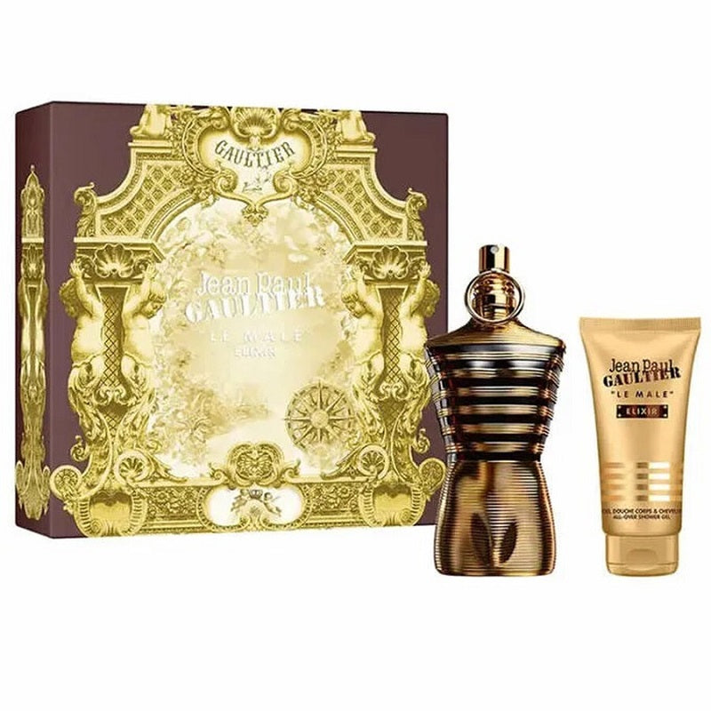 Jean Paul Gaultier perfume set with packaging on a white background