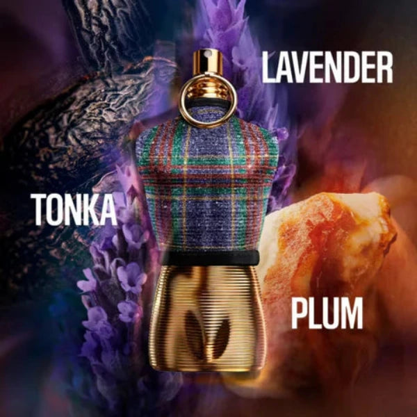 Perfume bottle with lavender, tonka, and plum scents on a dark background