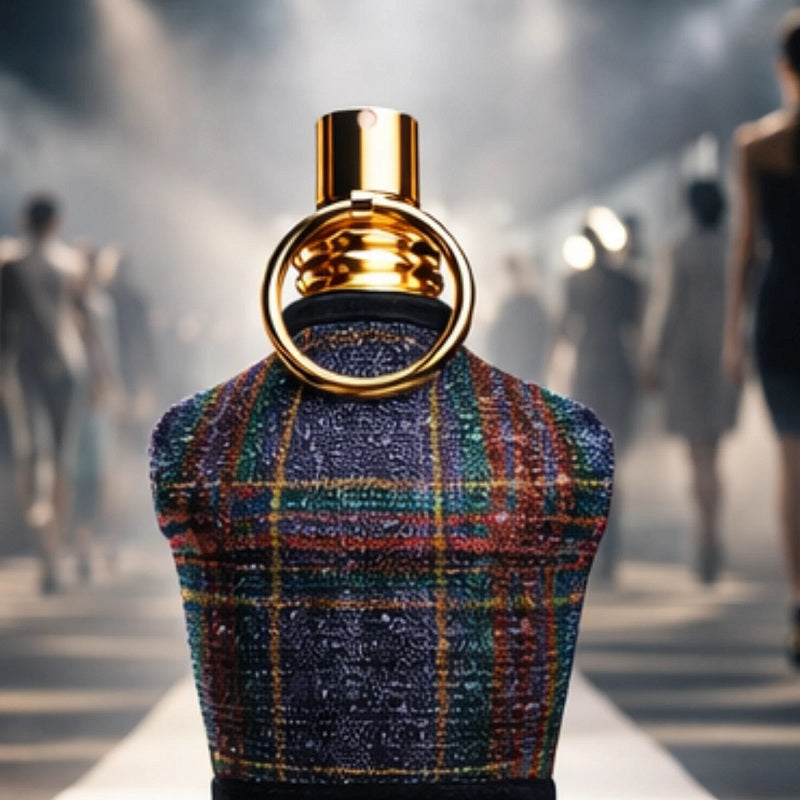 Perfume bottle with gold cap on a colorful textured surface, blurred people in the background